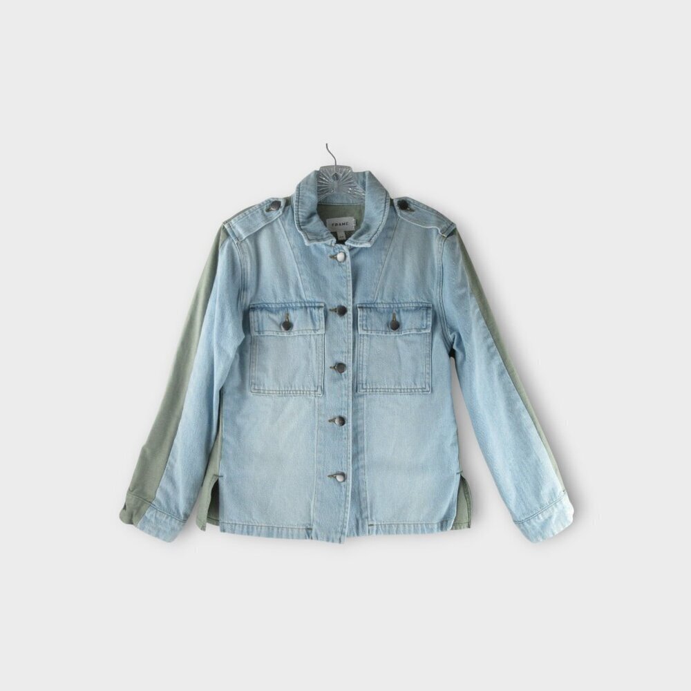 Frame Le Mixed Media Shirt Jacket Size S Cargo Denim Blue Green